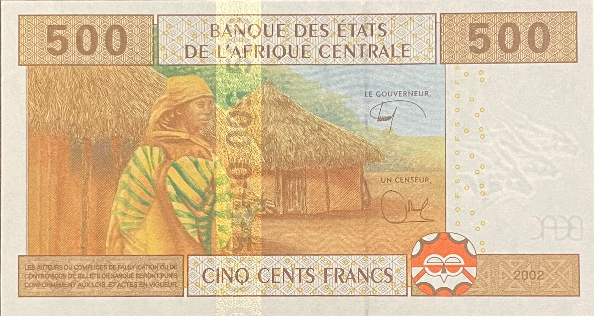 2002 Central African States 500 Francs P-206u UNC World Banknote