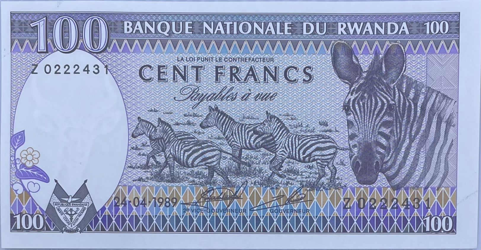 Rwanda 1989 100 Francs P19 UNC Zebra World Banknote Currency