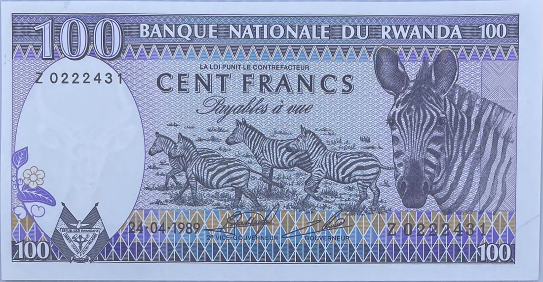 Rwanda 1989 100 Francs P19 UNC Zebra World Banknote Currency