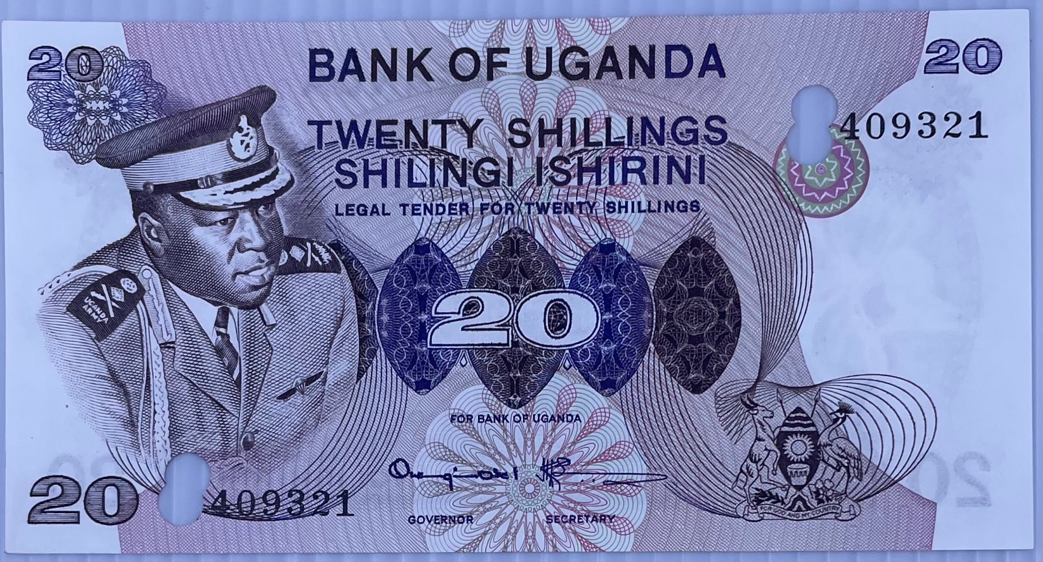 1977(ND) Uganda 20 Shillings P-7 AU Cancelled World Banknote