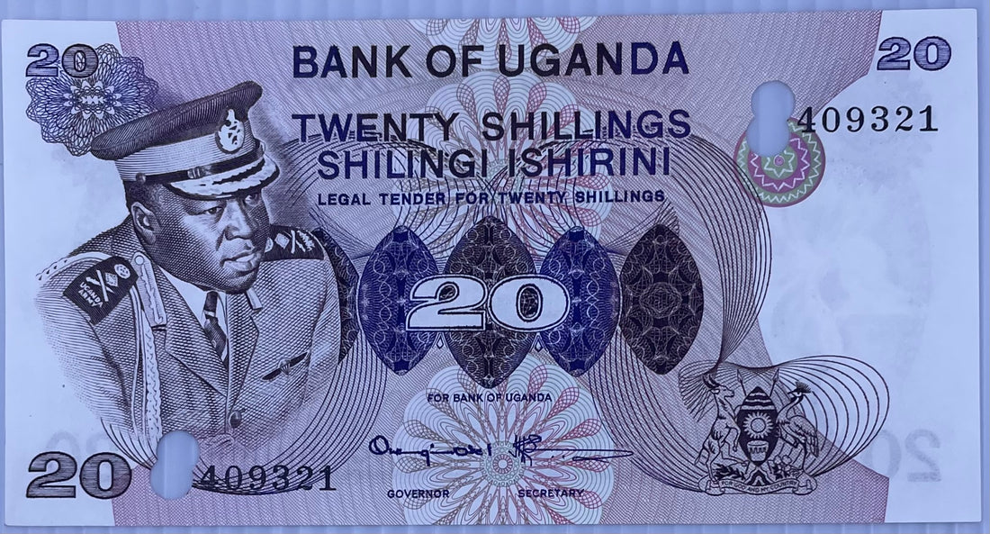 1977(ND) Uganda 20 Shillings P-7 AU Cancelled World Banknote
