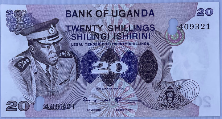 1977(ND) Uganda 20 Shillings P-7 AU Cancelled World Banknote