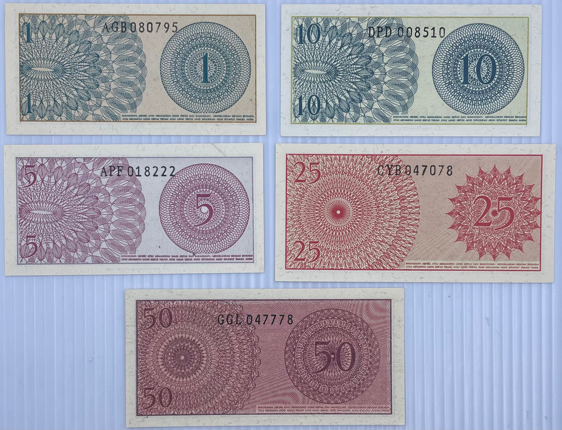 INDONESIA SET 1 5 10 25 50 SEN 1964 P 90 91 92 93 94 UNC Banknote Set
