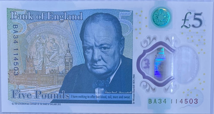 England 2015 5 Pounds P394 UNC Polymer Churchill Queen Elizabeth