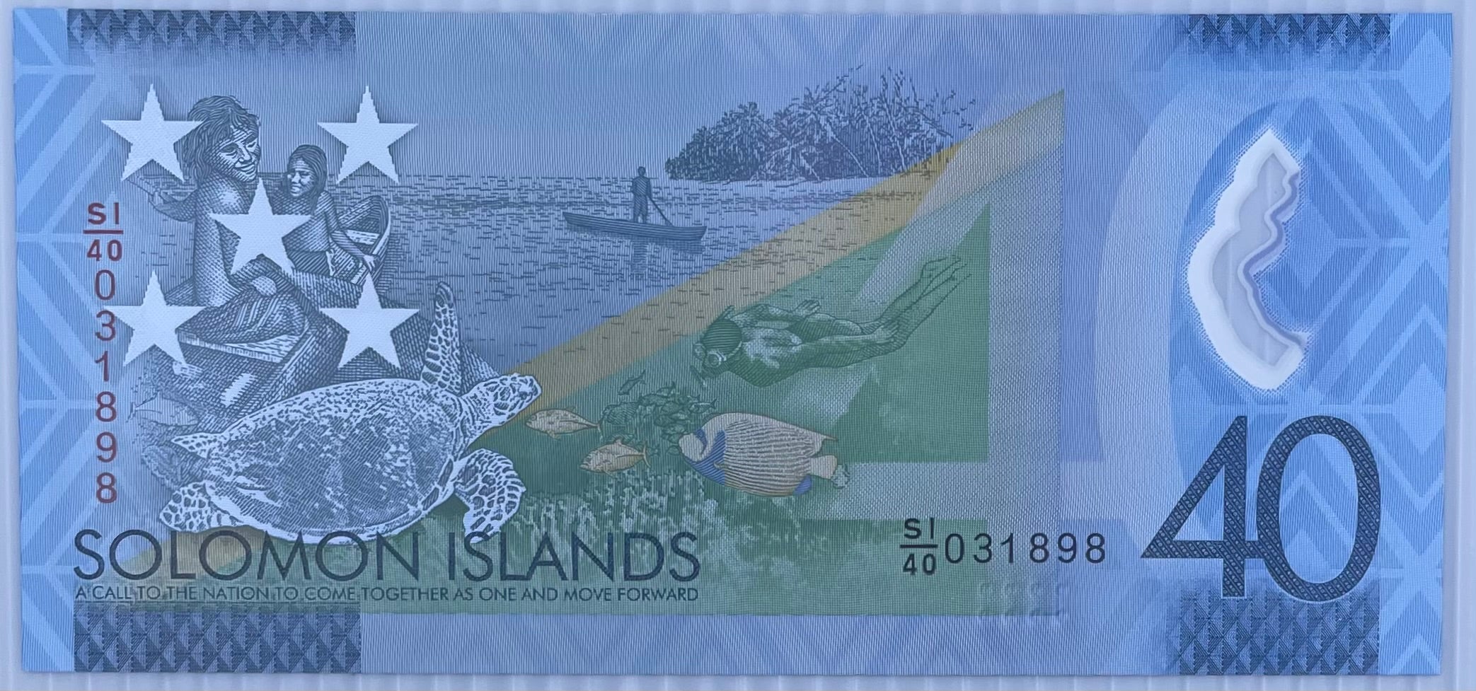 Solomon Islands 2018 $40 polymer banknote featuring sea turtle design and vibrant colors