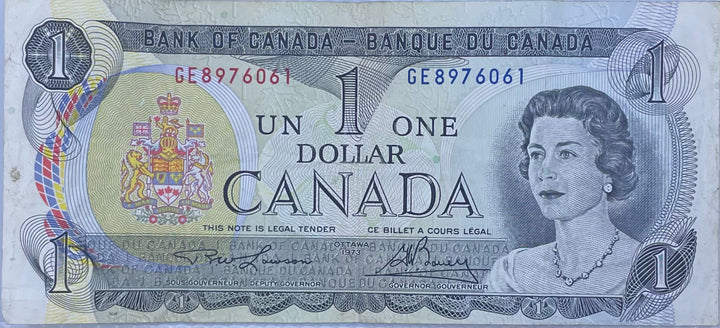 Canada 1973 used 1 dollar BC-46 QEII banknote with worn details and iconic design
