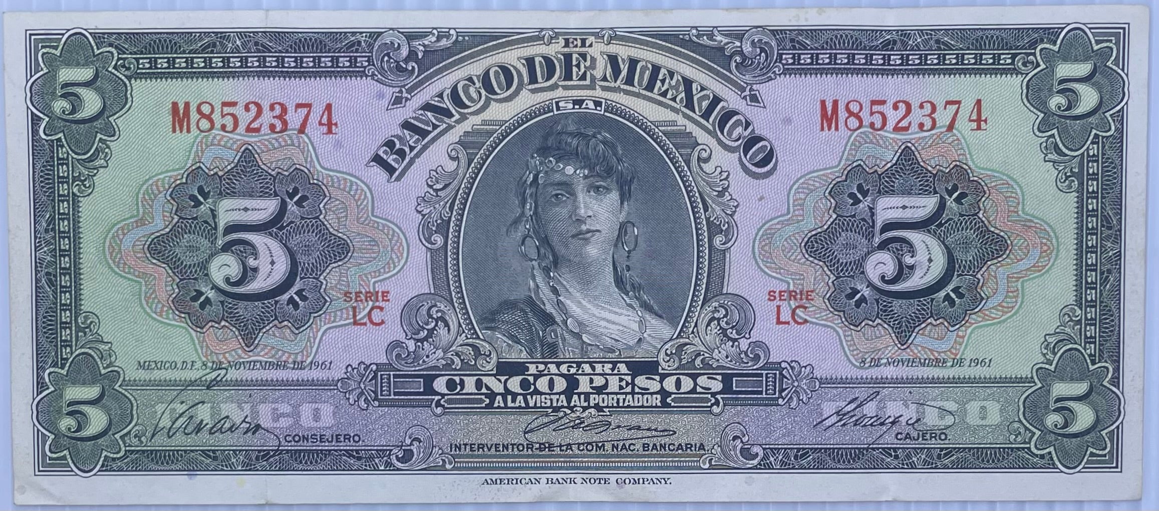 1961 Mexico 5 Pesos P-60 Used World Banknote From Lot