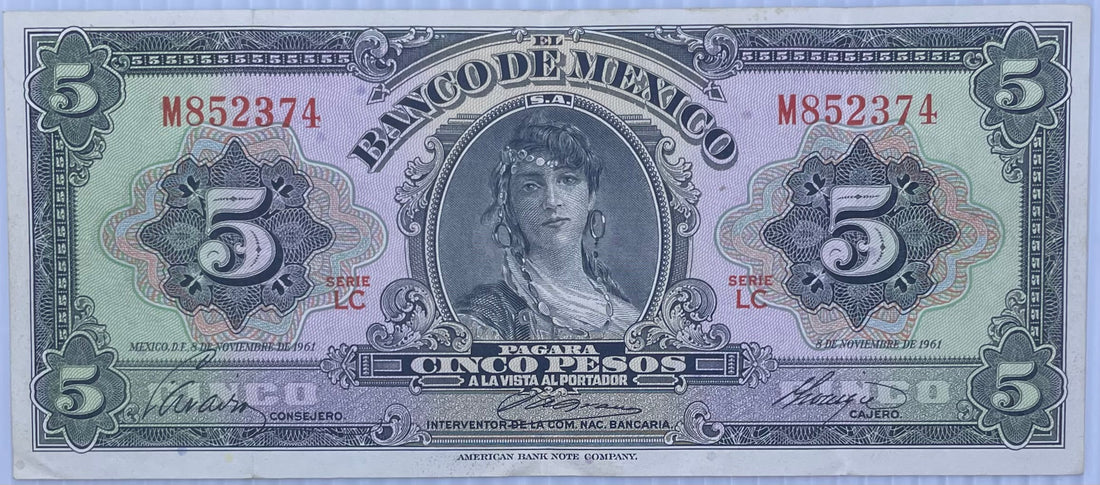 1961 Mexico 5 Pesos P-60 Used World Banknote From Lot