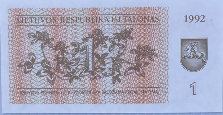 1992 Lithuania 1 Talonas P-39 UNC Banknote