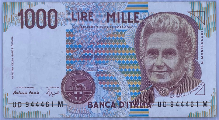 Italy 1991 1,000 Lire banknote featuring Maria Montessori portrait, circulated condition