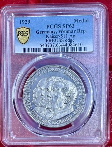 Germany 1929- "Zeppelin World Tour" Kaiser 511 ag PREUSS edge Silver Medal - PCGS SP63 Silver Coin