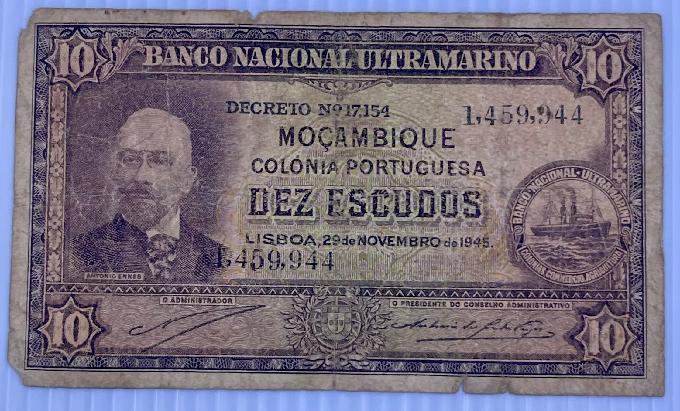 Mozambique 1945 10 Escudos P-95 Used World Banknote