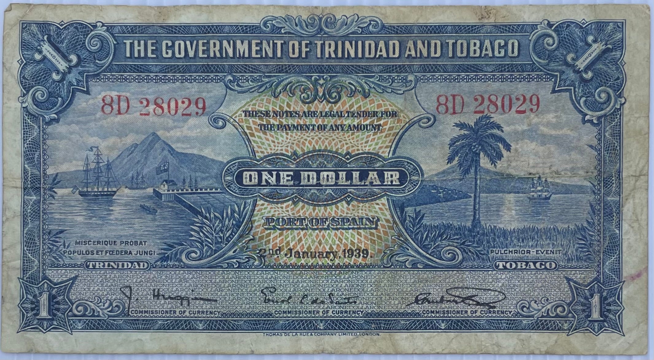 1939 Trinidad & Tobago $1 Dollar P-5 Used World Banknote from Lot
