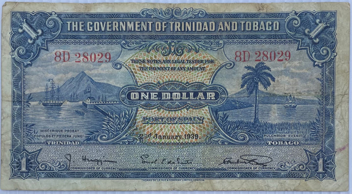 1939 Trinidad & Tobago $1 Dollar P-5 Used World Banknote from Lot