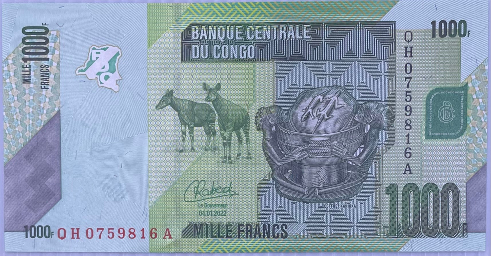 Congo Democratic Republic 2022 1,000 Francs, P-101d, UNC PARROT World Banknote