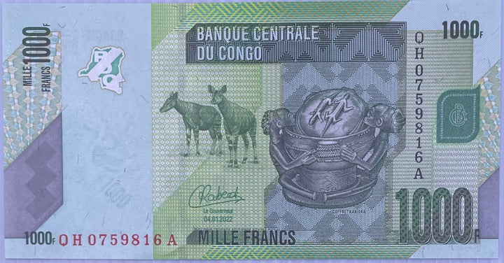 Congo Democratic Republic 2022 1,000 Francs, P-101d, UNC PARROT World Banknote