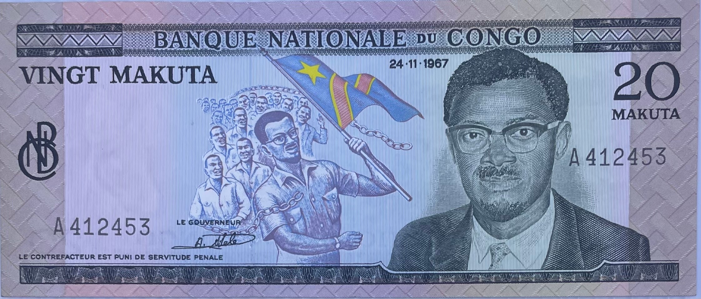 Congo 1970 Democratic Republic 20 Makuta banknote with traditional headdress portrait