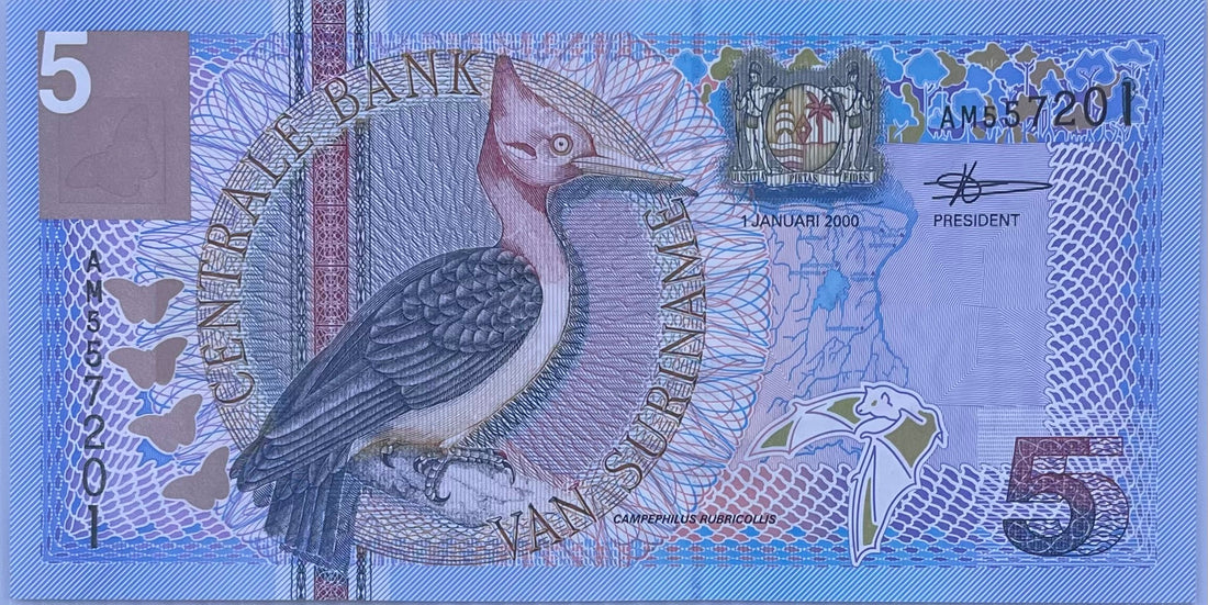Suriname 2000 5 Gulden banknote featuring Anton de Kom portrait and traditional Koto dress in UNC condition