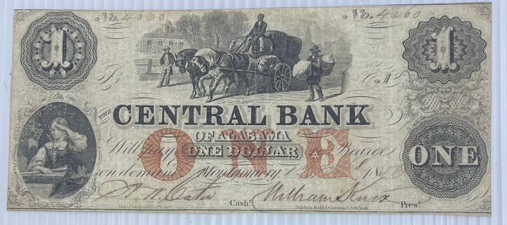 1856 1 Dollar Central Bank of Alabama Obsolete Banknote CS