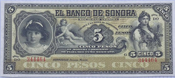 1897-1911 Mexico Banco de Sonora 5 Pesos banknote P#S419r uncirculated rare collectible currency