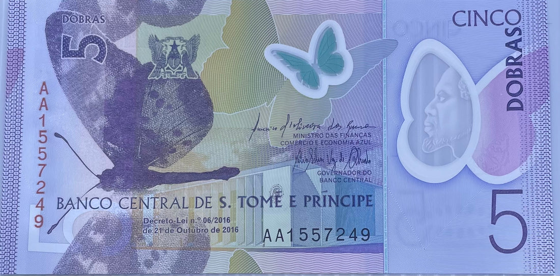 SAINT THOMAS AND PRINCE 2016 5 Dobras P70 UNC Polymer World Banknote Currency