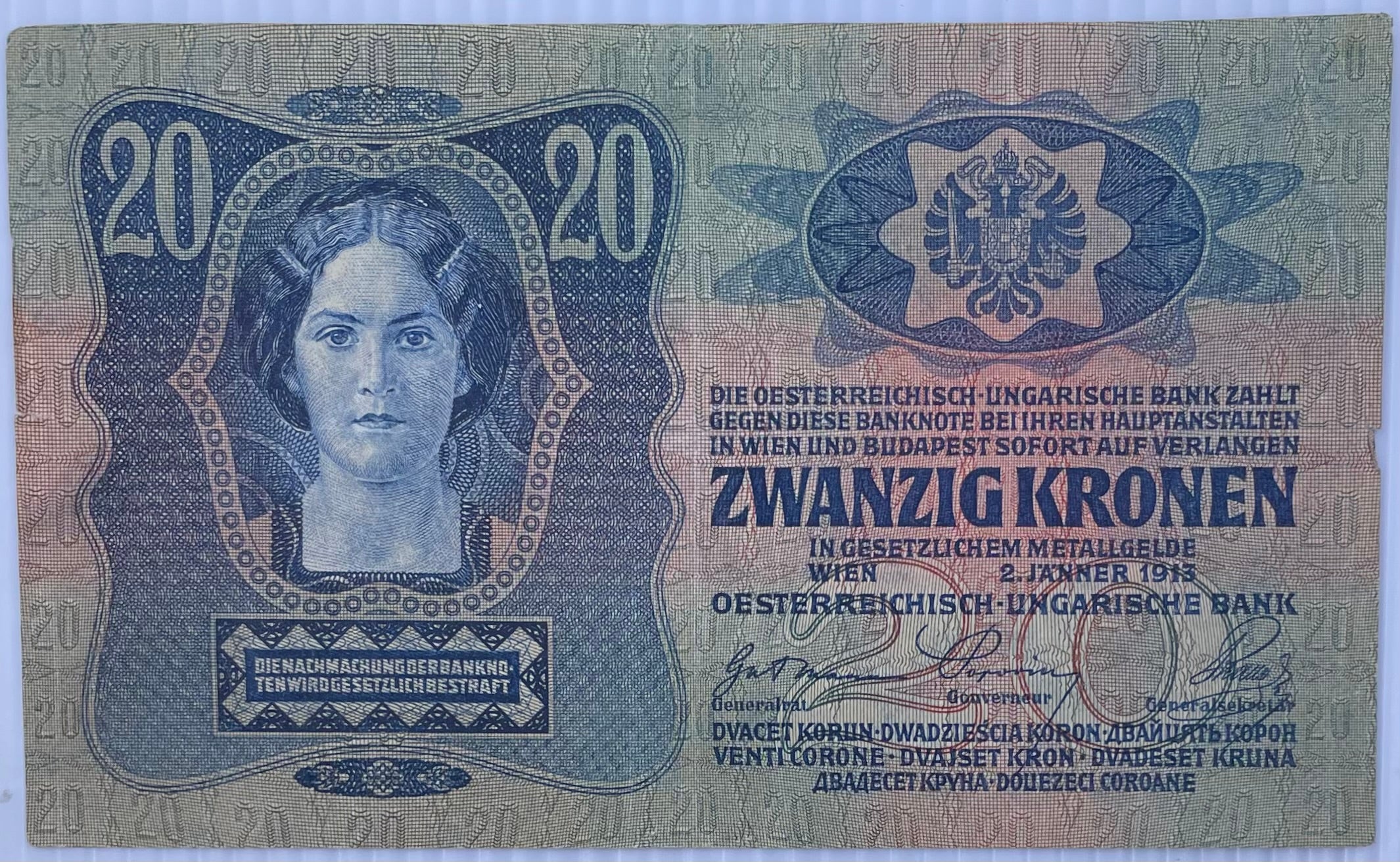 Austria 1913 20 Kronen P-13 Used World Banknote From Lot
