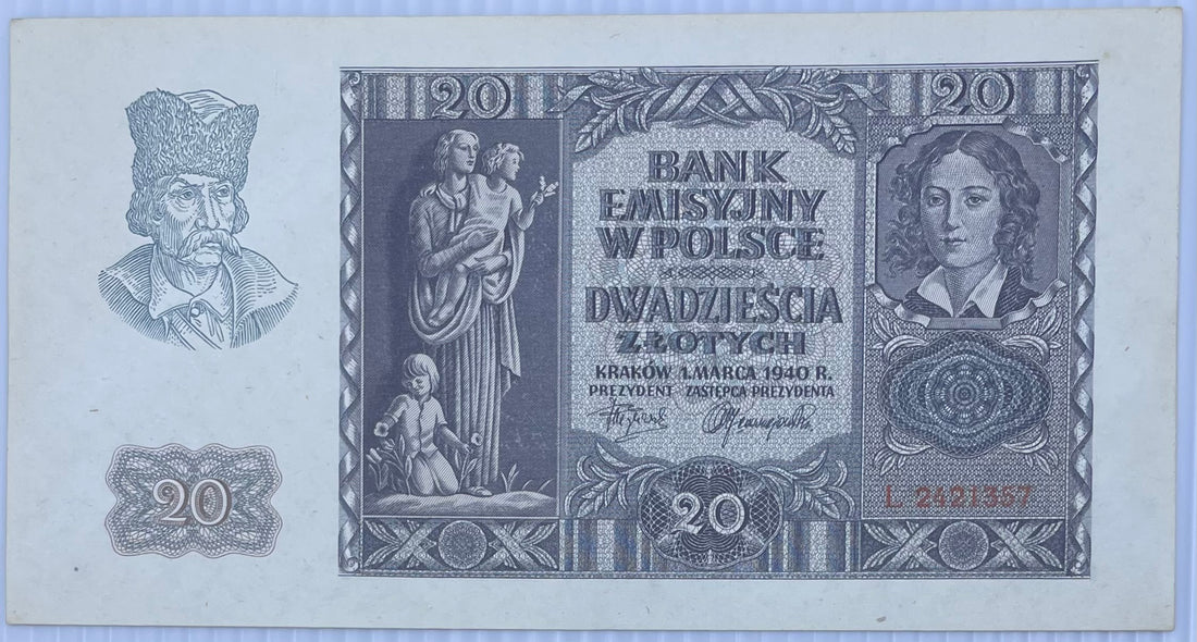 1940 Poland 20 Zlotych P-95B UNC World Banknote