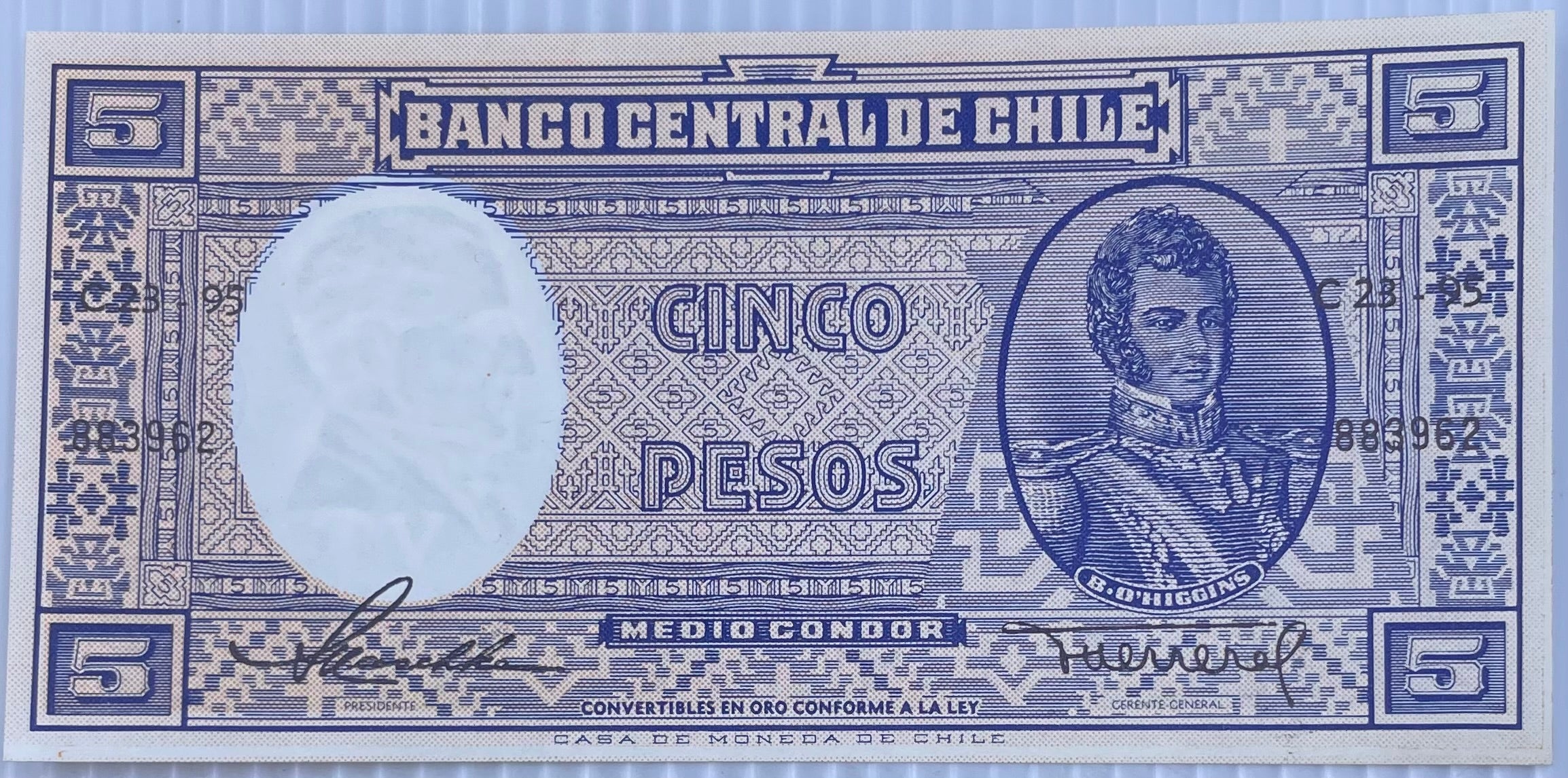 1953 Chili 5 Pesos Bank Note.  P119 UNC