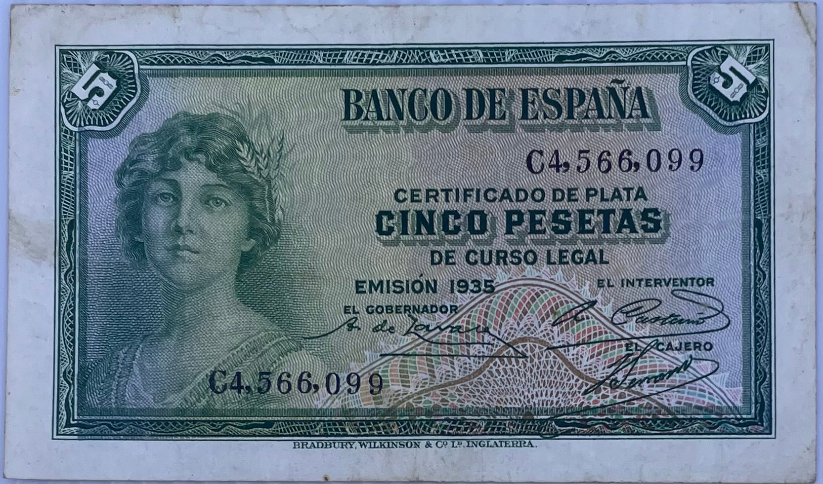1935 Spain 5 Pesetas P-85 Circulated World Banknote