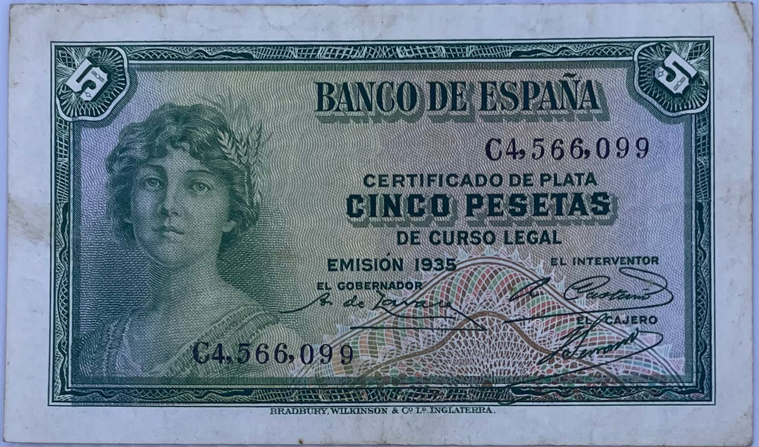 1935 Spain 5 Pesetas P-85 Circulated World Banknote