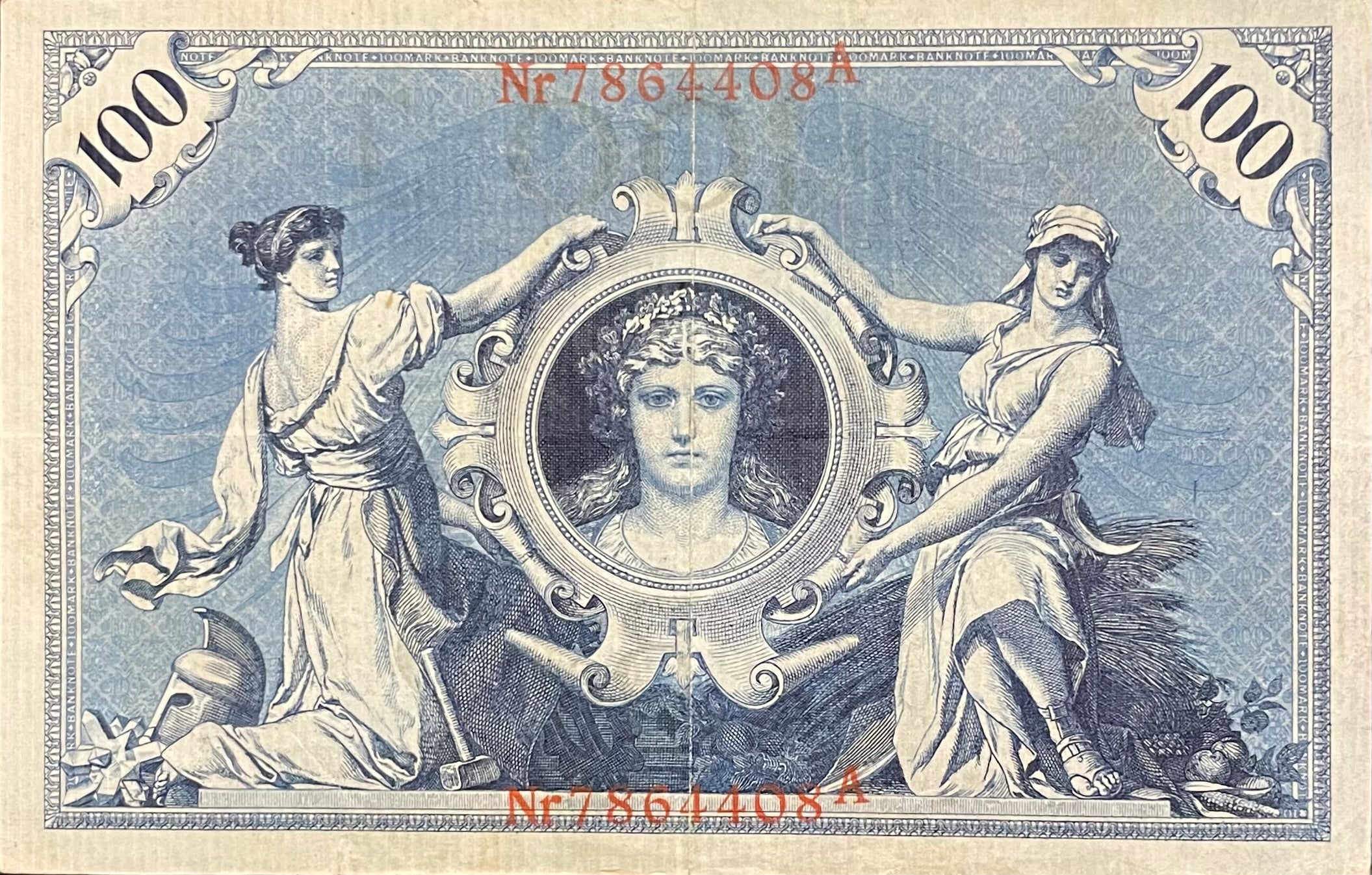Germany 1908 100 Mark P34 banknote with intricate designs and historical portraits