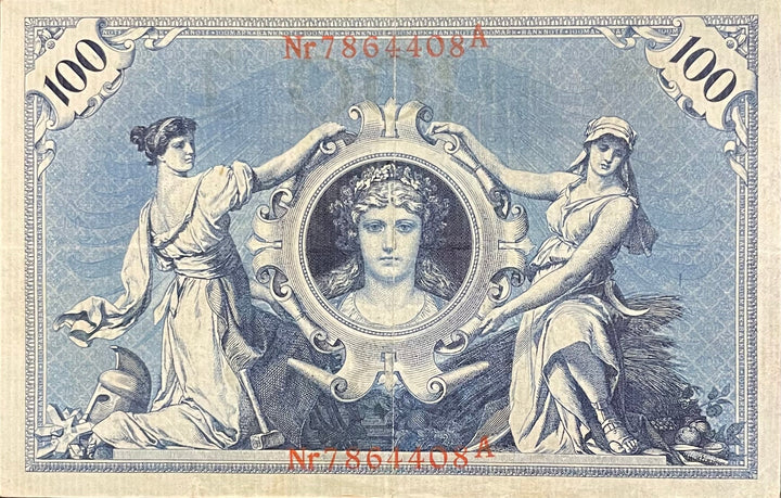 Germany 1908 100 Mark P34 banknote with intricate designs and historical portraits