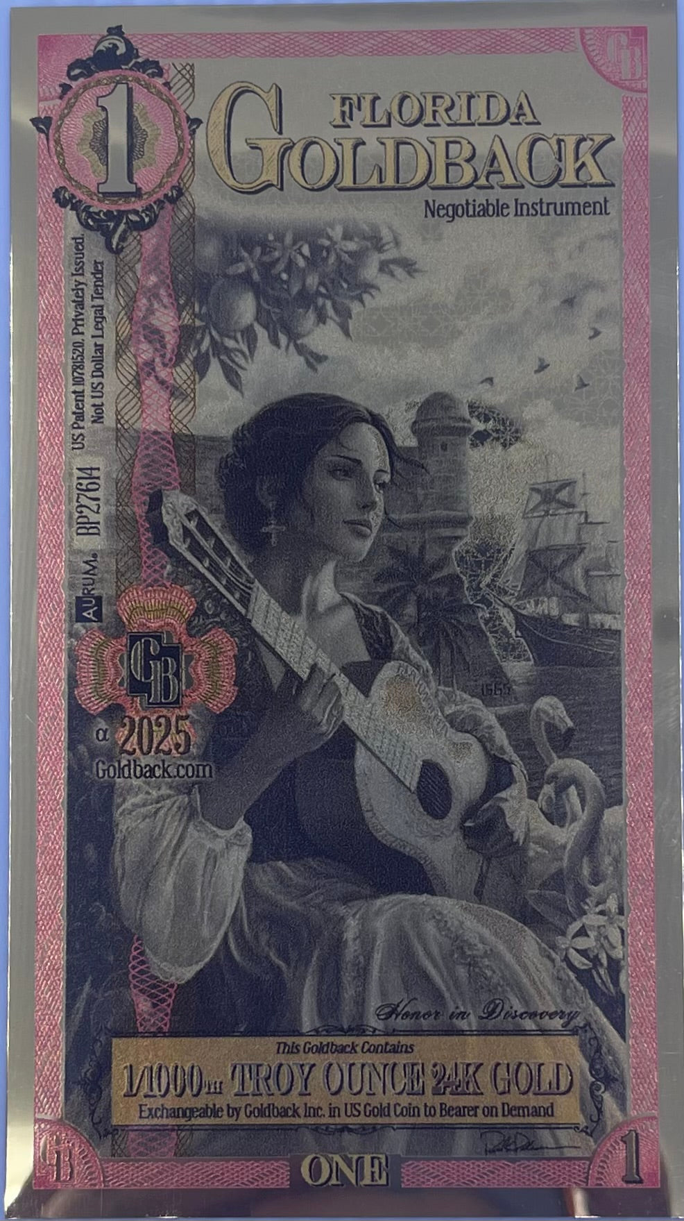 2025 1/2 Florida Goldback 24KT .999 Gold Foil Note 1/2000th oz UNC Banknote