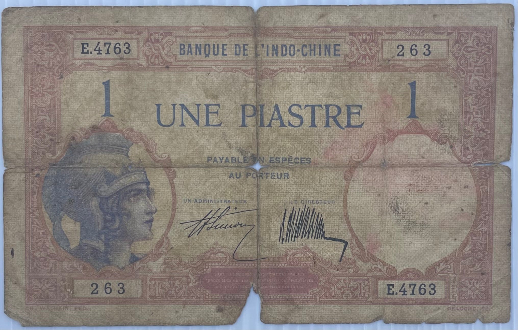 1921 French Indochina 1 Piastre P-48 Circulated World Banknote
