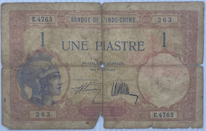 1921 French Indochina 1 Piastre P-48 Circulated World Banknote