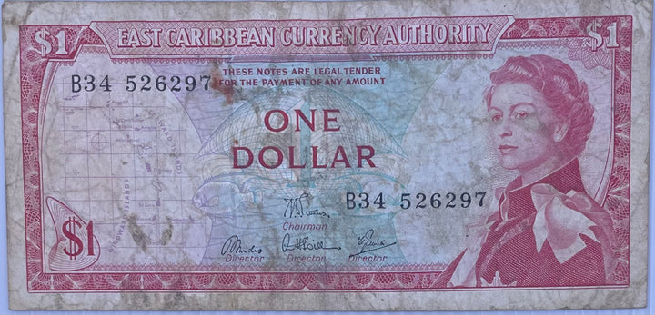 1965 East Caribbean States $1 Dollar P-13 QEII Used World Banknote