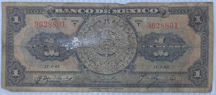 T Seies 1945 MEXICO 1 Peso BANKNOTE AZTEC CALENDAR Mexican Currency Paper Money
