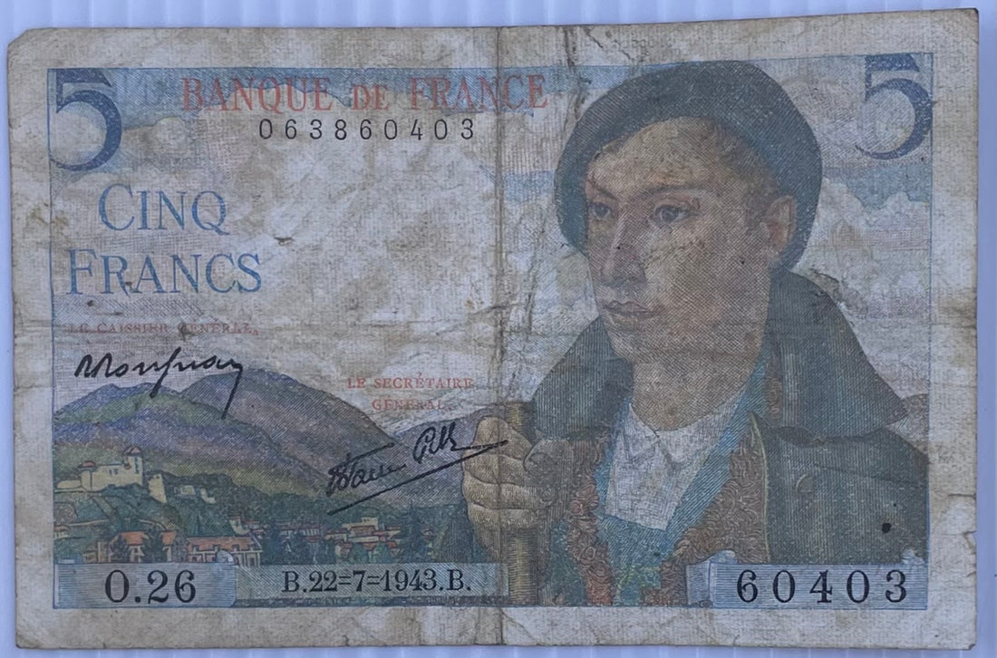 1943 France 5 Francs WW2 Circulated World Banknote