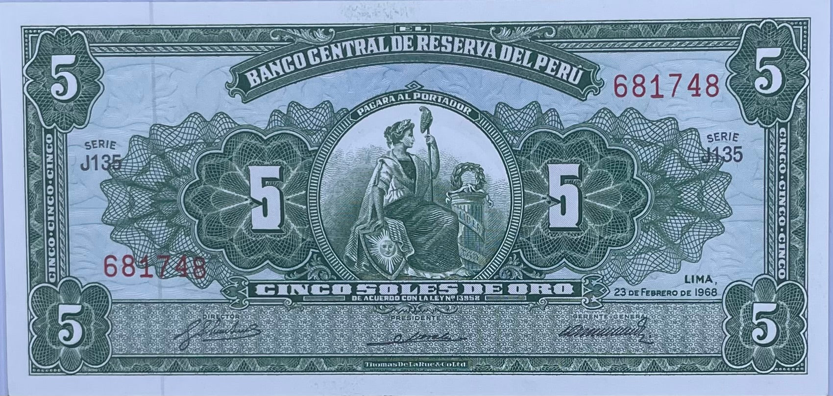 1968 Peru 5 Soles De Oro P-76 UNC World Banknote