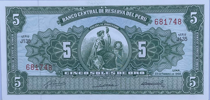 1968 Peru 5 Soles De Oro P-76 UNC World Banknote