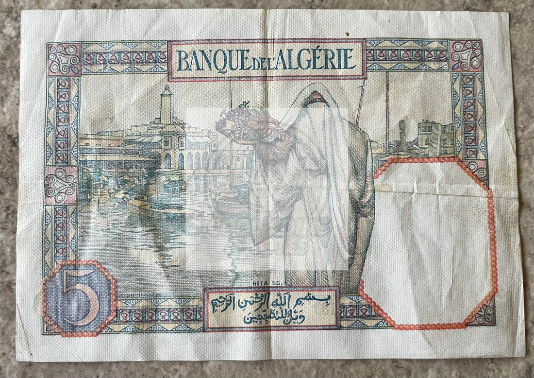 Used 1941 Algeria 5 Francs banknote with intricate historical designs