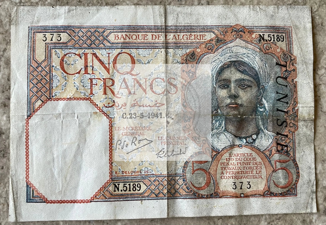 ALGERIA, 5 FRANCS, P#77b 1941, Used Banknote - Cool Coins & Notes