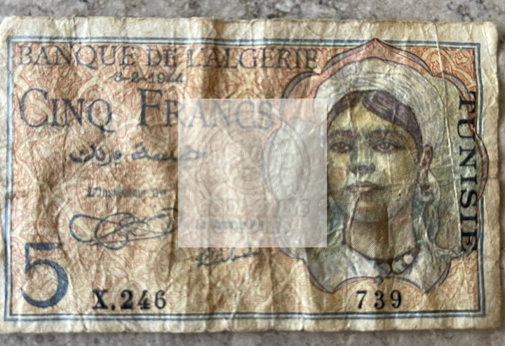 Algeria 5 Francs 1944 P94b, Used Banknote - Cool Coins & Notes