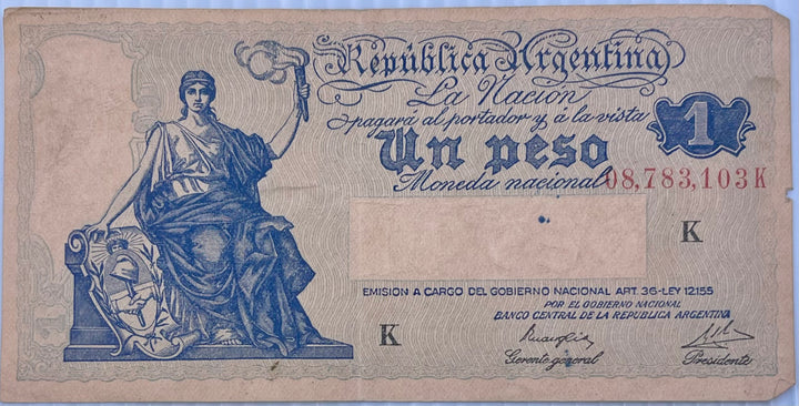 Argentina 1946-1947 1 Peso P251, Used Banknote - Cool Coins & Notes