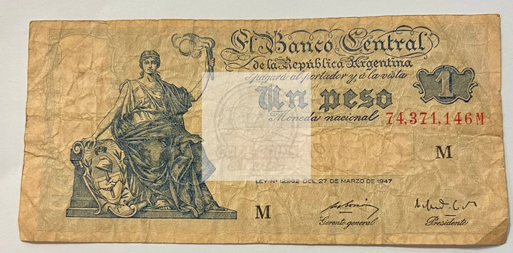 Argentina 1947 1 Peso P257 used banknote vintage currency