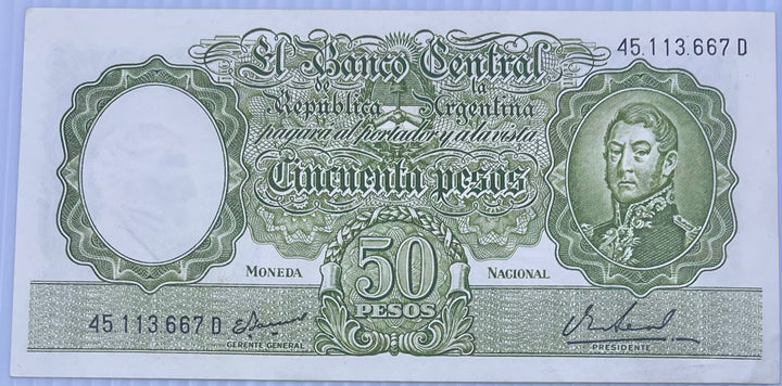 Argentina 1955 50 Pesos P-271 AUNC Banknote - Cool Coins & Notes