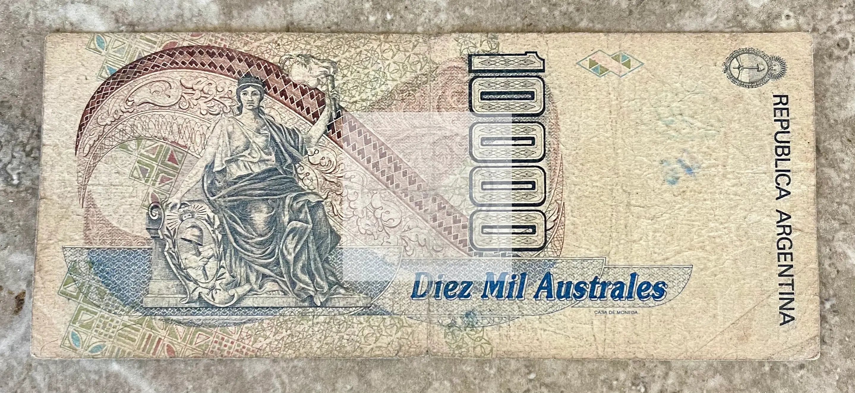 Argentina, 10,000 (10000) Australes ND (1991) P-334b Used Lady Liberty  BANKNOTE - Cool Coins & Notes