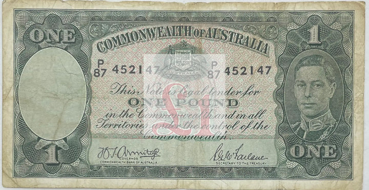 Australia 1938-1941 1 Pound P-26a, Used Banknote - Cool Coins & Notes