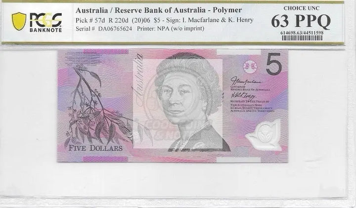 Australia 2006 $5 PCGS Banknote UNC 63 PPQ Pick 57d - Cool Coins & Notes