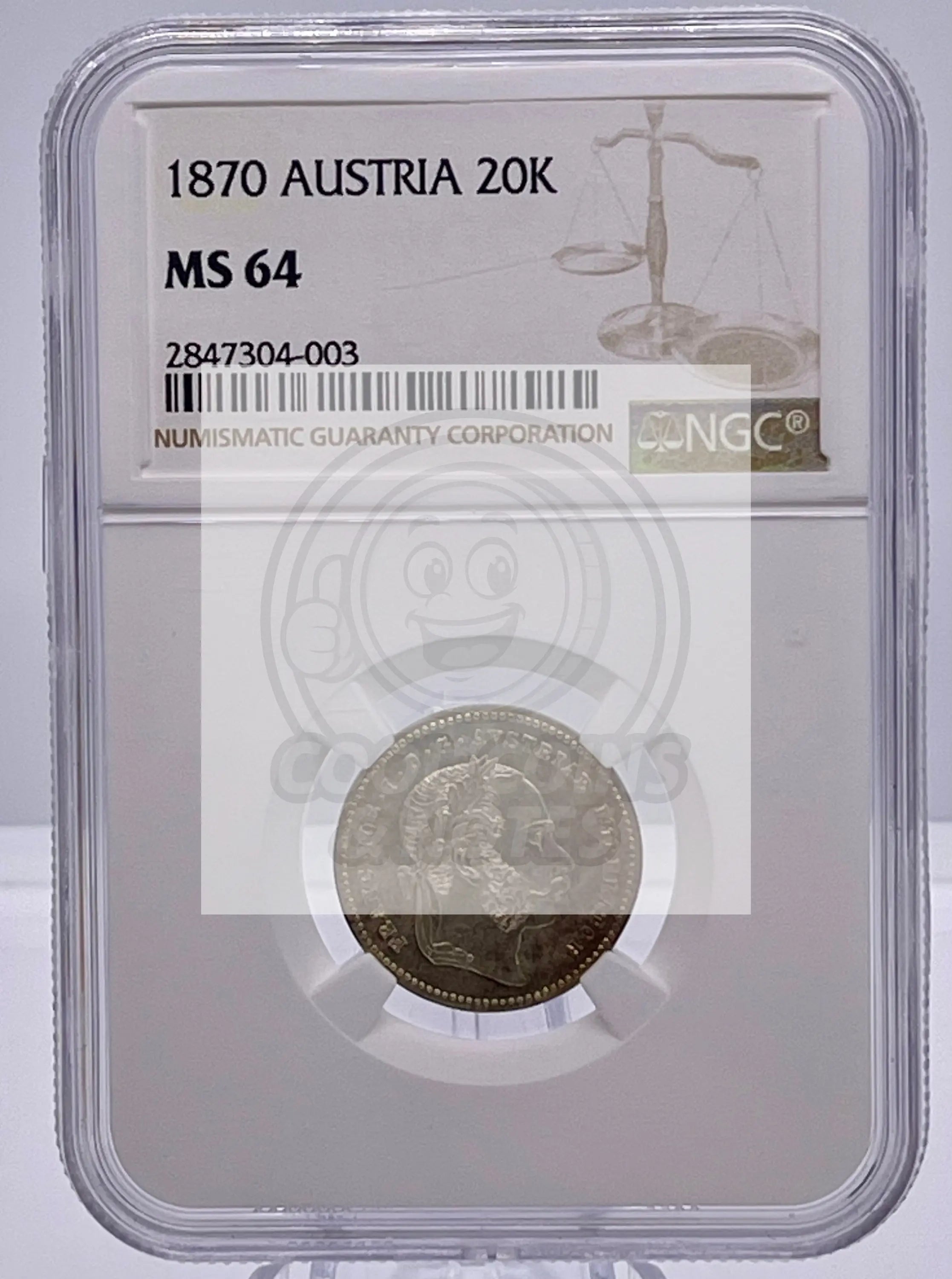 Austria 20 kreuzer 1870, NGC MS64, "Emperor Franz Joseph (1848 - 1916)" - Cool Coins & Notes